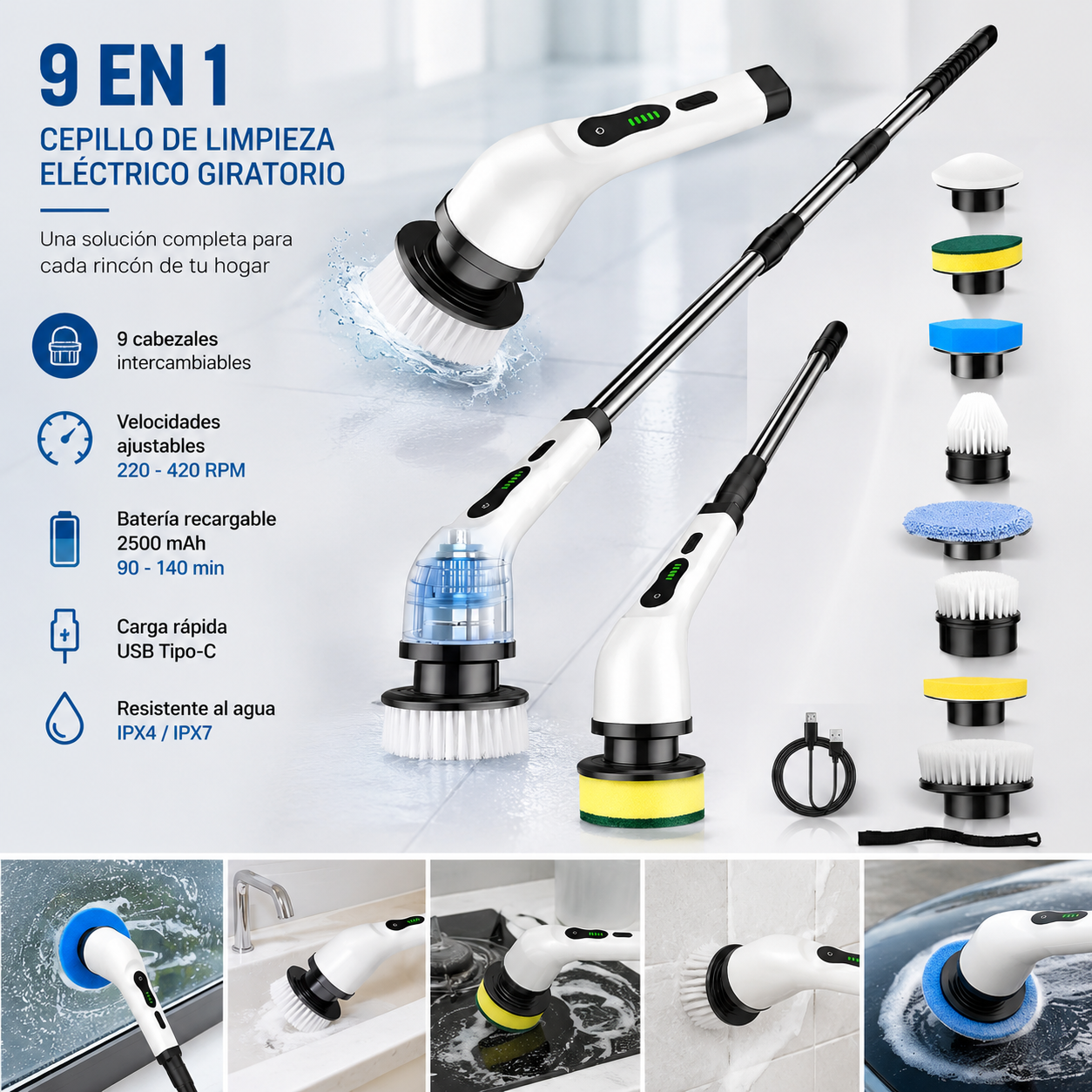 Cepillo de limpieza eléctrico giratorio 9 en 1