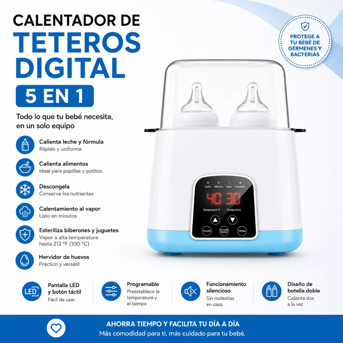 Calentador y Esterilizador de Teteros 2 en 1 con Control Digital y Control Remoto
