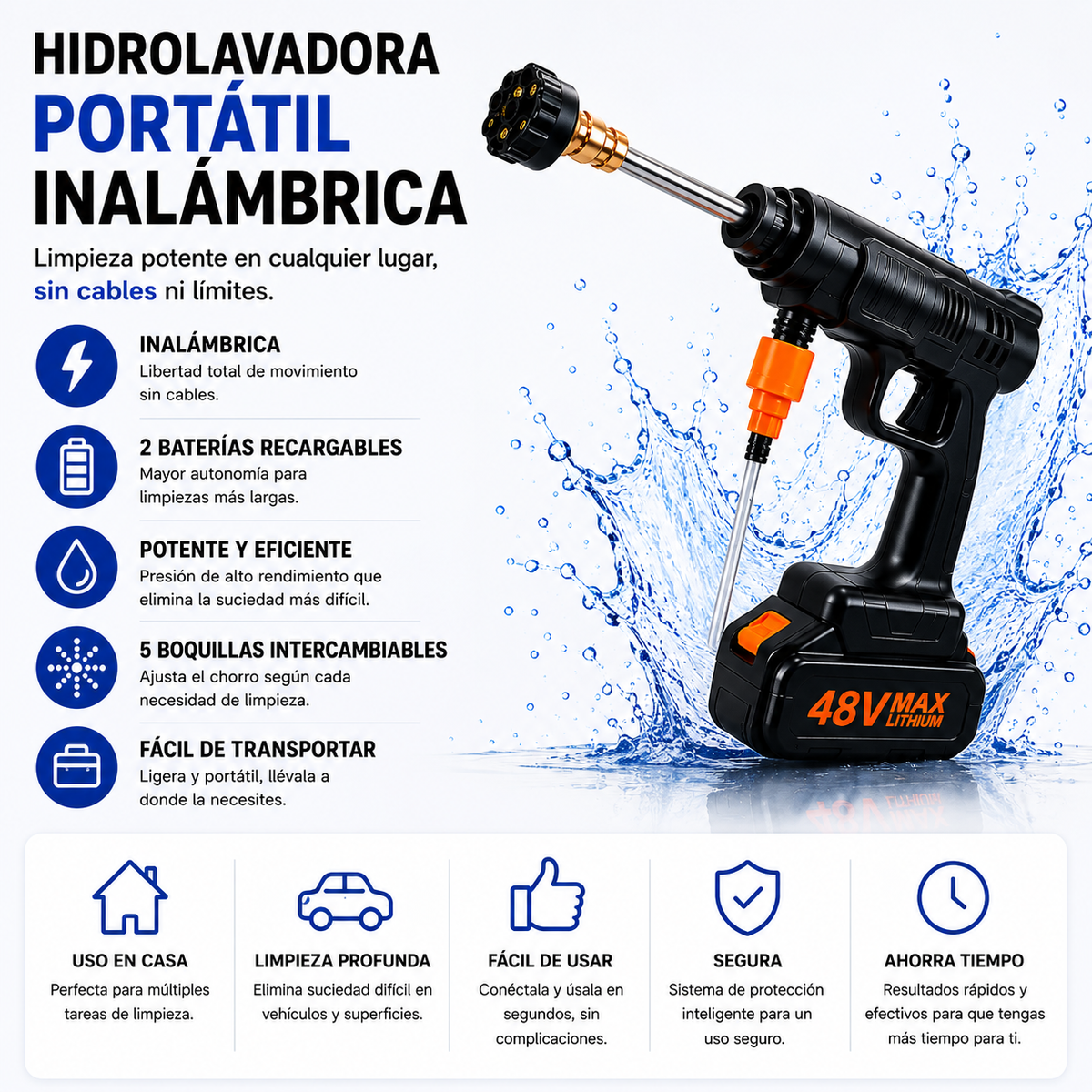 Hidrolavadora Portátil Inalámbrica 48V Max | 2 Baterías + 5 Boquillas + Maletín de Transporte