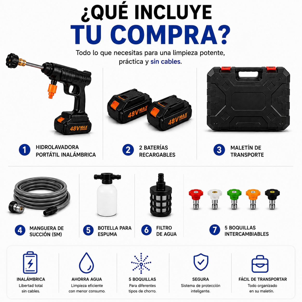 Hidrolavadora Portátil Inalámbrica 48V Max | 2 Baterías + 5 Boquillas + Maletín de Transporte