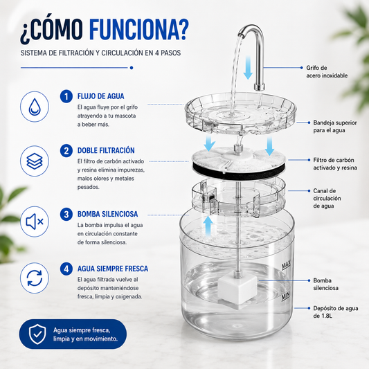 Fuente de Agua Automática para Gatos y Perros 1.8L | Bebedero con Doble Filtración